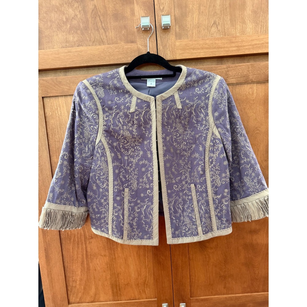 Peter Nygard Linen Blend Embroidered Fringe Jacket Women's 10 Purple Lavender